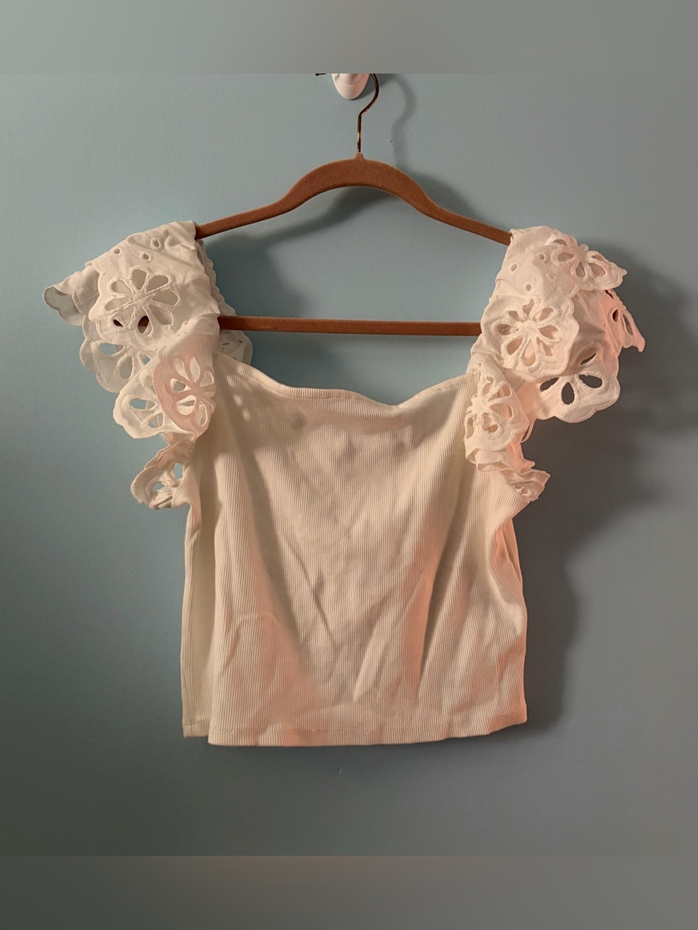 Industry White Ribbed Square-Neck Crop Top with Eyelet Flutter Sleeves